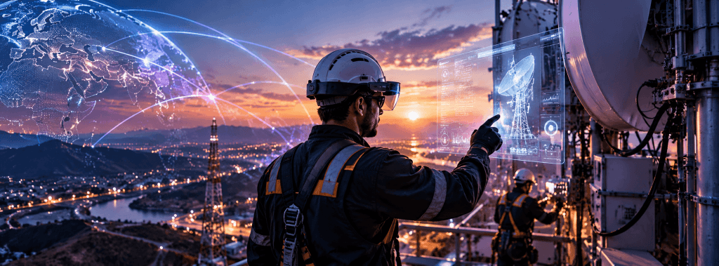 Engineer wearing a safety helmet and augmented reality headset, inspecting digital network data beside satellite communication equipment at sunset.&rdquo;
